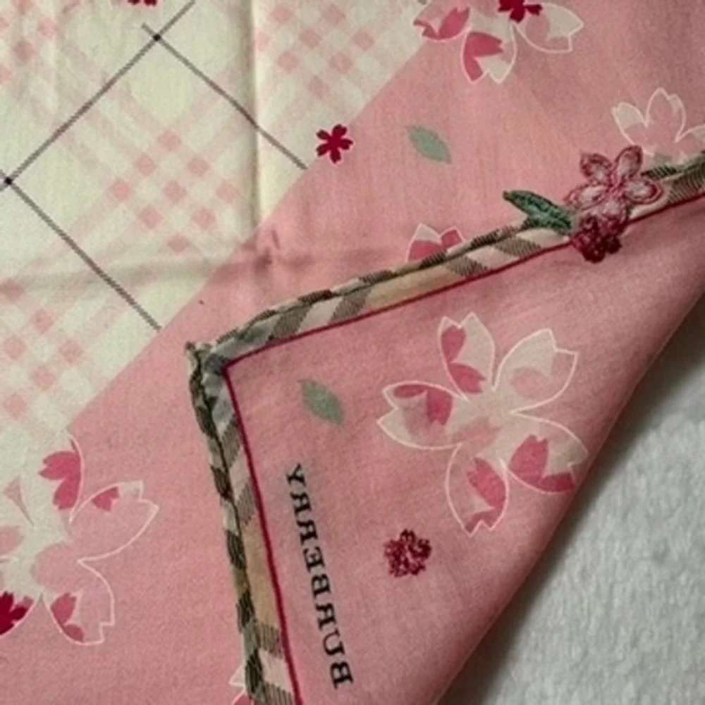 Vtg BURBERRY Scarf Handkerchief Cherry Blossom Floral Pink Cream 19